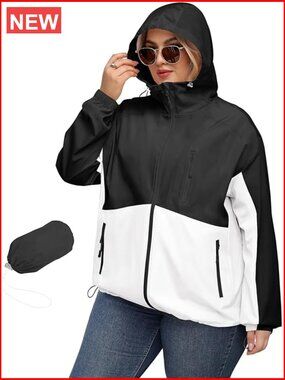 Plus Size Rain Jacket with Hood Waterproof Lightweight Packable Trench Coat